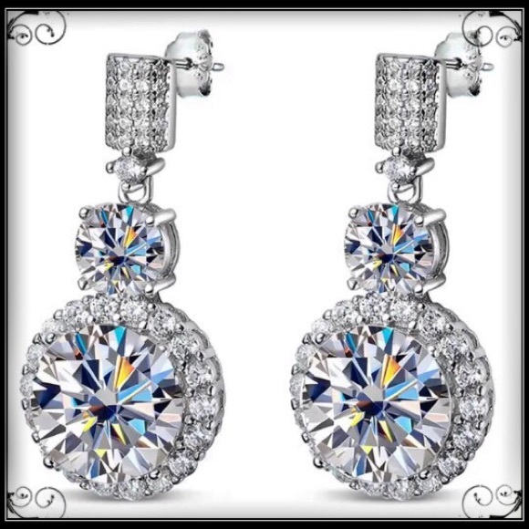 New 6CT Simulated Diamond Halo Silver Platinum Chandelier Earrings - Picture 7 of 7